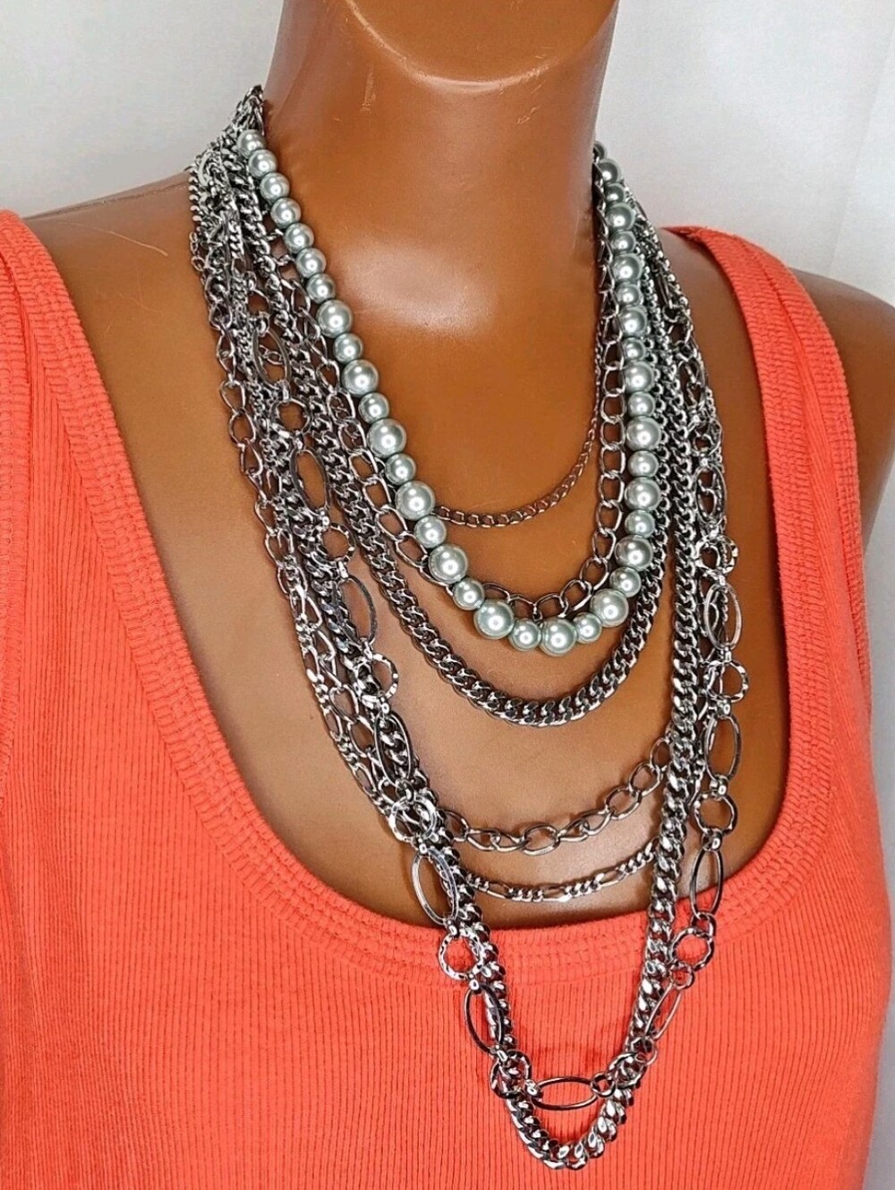 Vintage Y2K Layered Chain Necklace Silver Tone Metal Cascading Bib Multi Strand